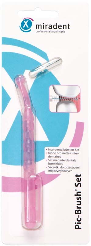 Pic-Brush® Set in pink transparent mit Verpackung und Bürstenkopf-Detailansicht.