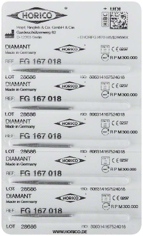 Blisterpackung mit fünf Diamant-FG-Fräsern, Modell FG 167 018, von Horico.