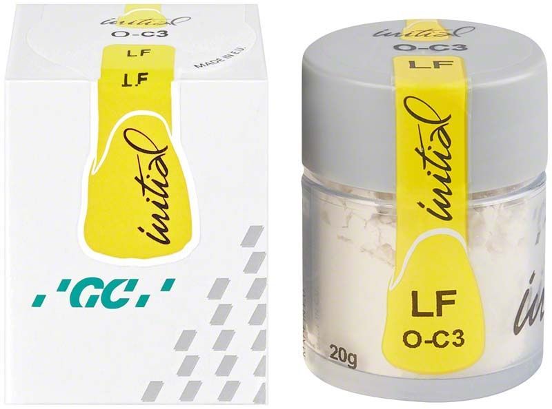 Dose mit GC Initial LF Powder Opaque OC3 Zahnmaterial und Verpackung.