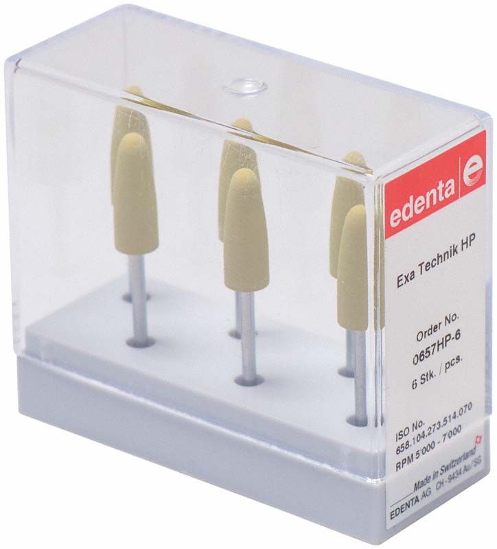 Exa Technik gelb 6er Spitze Kunststoffpolierer in transparenter Box.