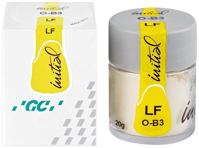 Glasbehälter mit GC Initial LF Powder Opaque OB3 und Verpackung.