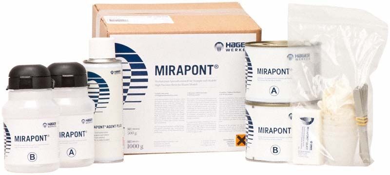Mirapont® Zahntechnik-Kunststoff in Verpackung mit Komponenten A und B.