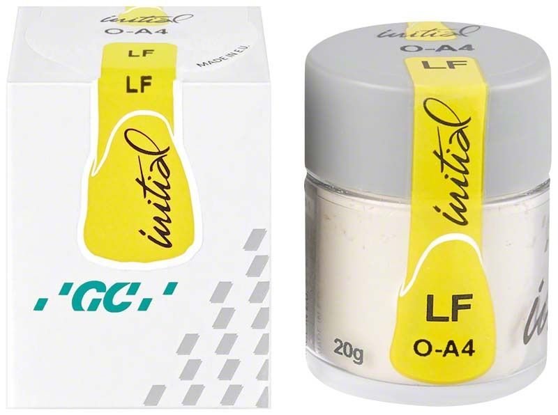 GC Initial LF Powder Opaque OA4 in weißem Behälter mit gelbem Etikett.