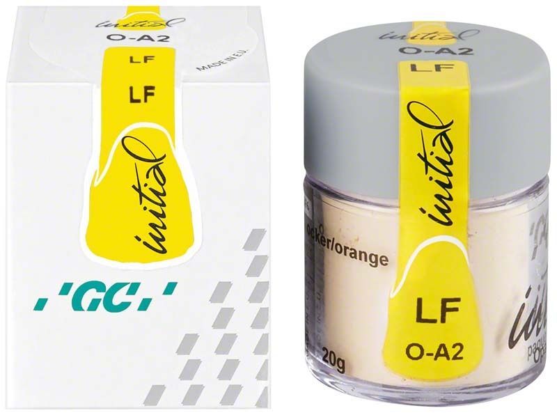 GC Initial LF Powder Opaque OA2 in transparenter Dose mit gelbem Etikett.