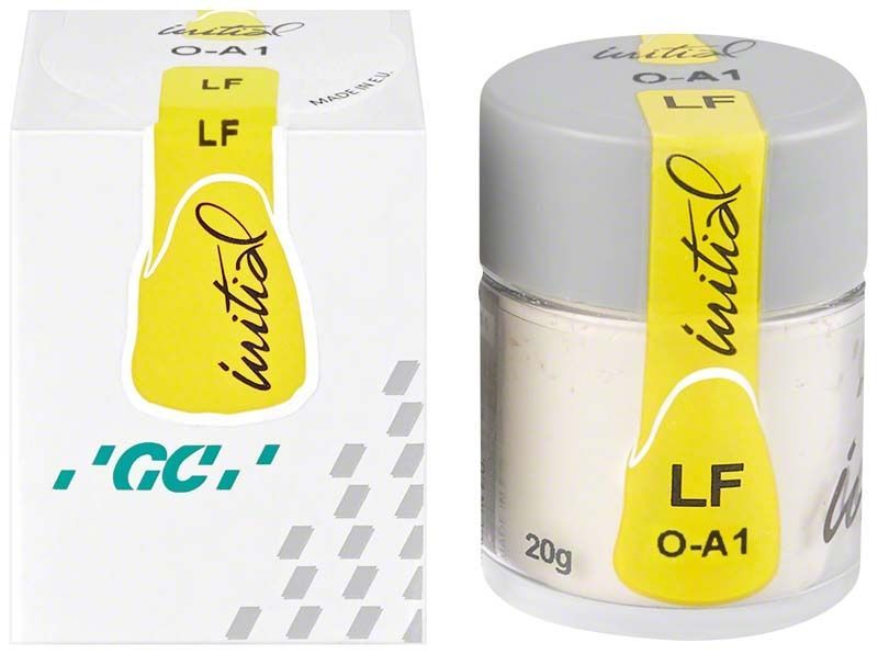GC Initial LF Powder Opaque OA1 in weißem Kunststoffbehälter mit gelbem Etikett.