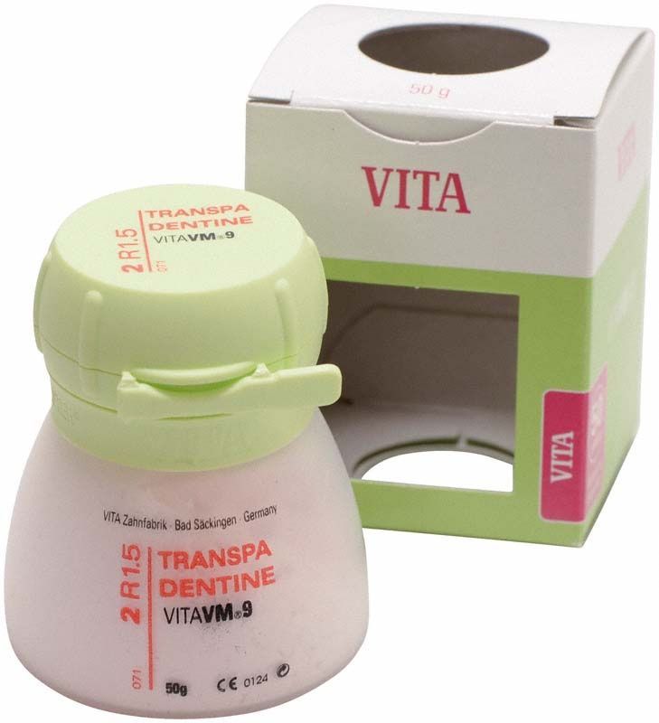 Transparente Dentinpulverdose VM9 3D 50g, 2R1.5 mit Verpackung.
