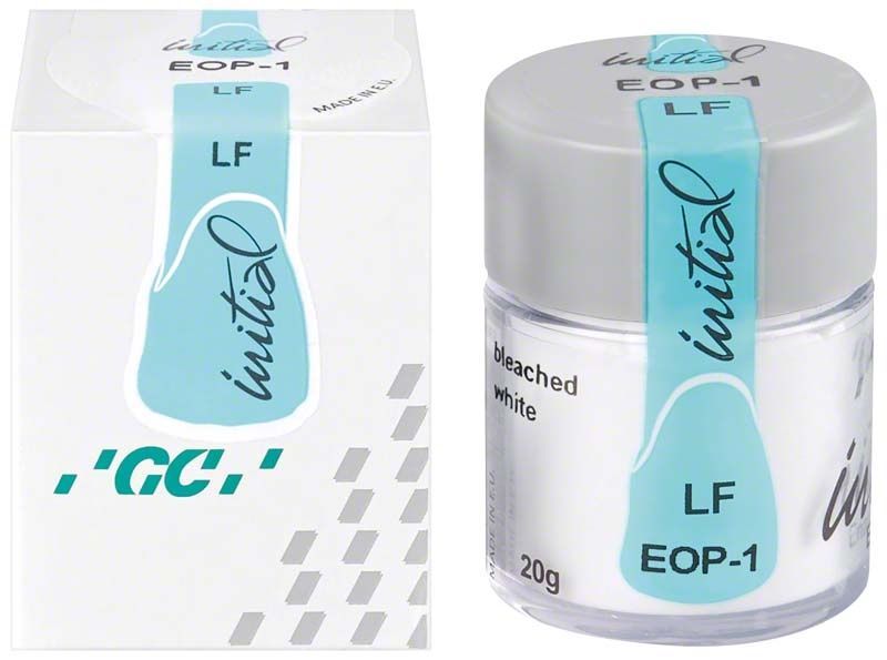 Dentalmaterial GC Initial LF Enamel Opal EOP1 in Verpackung und Dose.