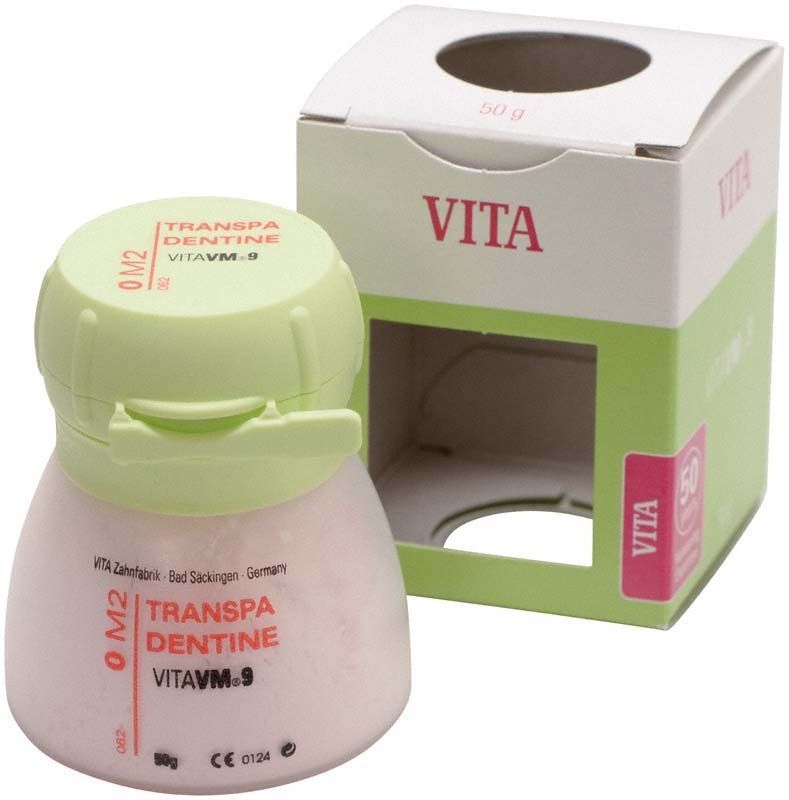 VM9 3D Transpa Dentin 50g 0M2 in grünem Behälter mit Verpackung.