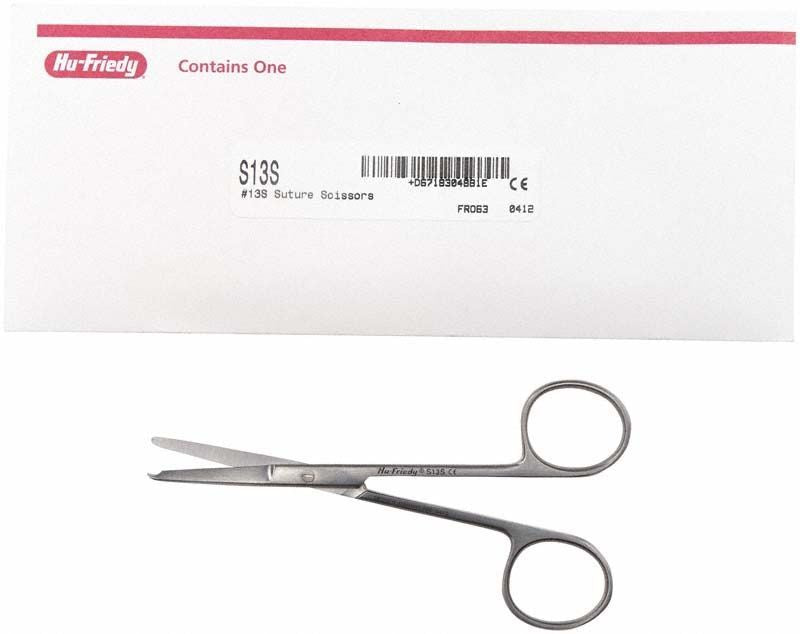 Fadenschere Figur 13S mit geraden Klingen vor Verpackung.