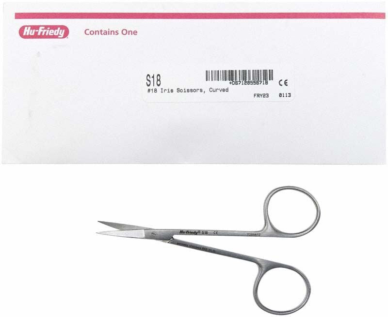 Medizinische gebogene Iris-Schere Figur 18 vor Verpackung.