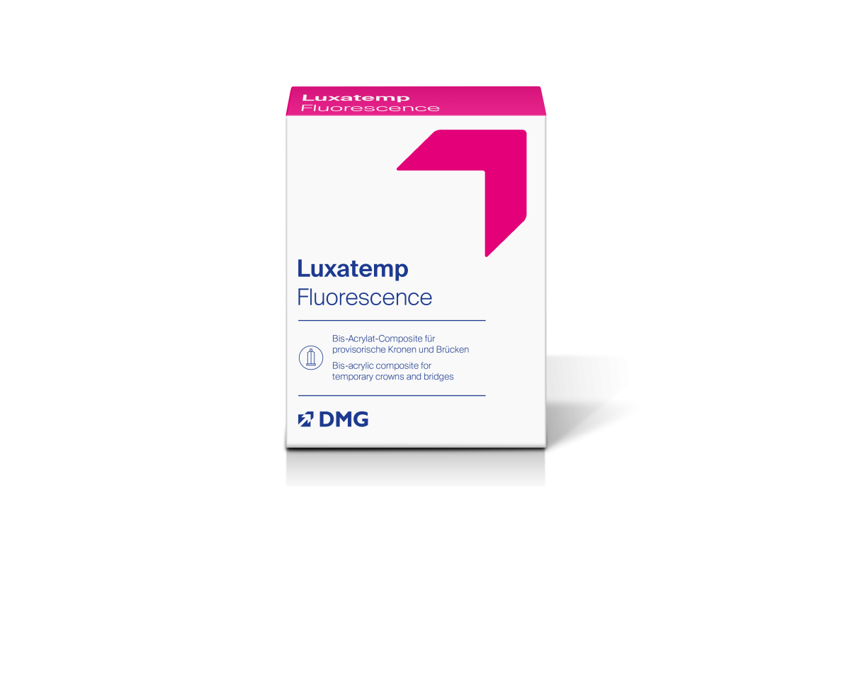 Luxatemp Fluorescence Automix Verpackung mit Produktinformationen auf weißem Hintergrund