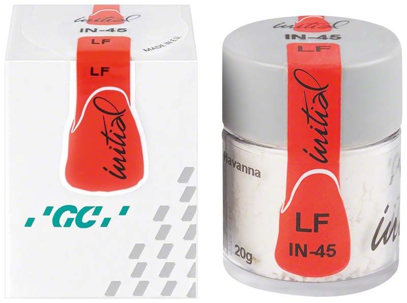 Glasbehälter mit weißem dentalem Material GC Initial LF IN-45 Havanna.