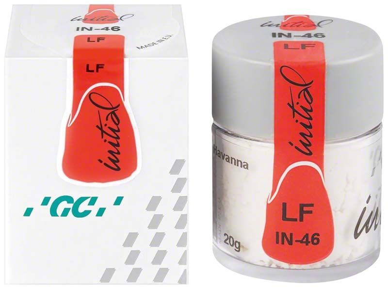 Glasbehälter mit GC Initial LF INside IN-46 Paste, rotes Etikett.