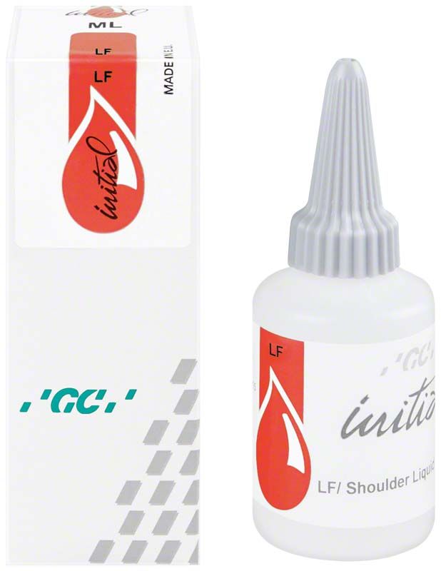 Flasche GC Initial LF Modelling Liquid 25ml mit Verpackung im Hintergrund.