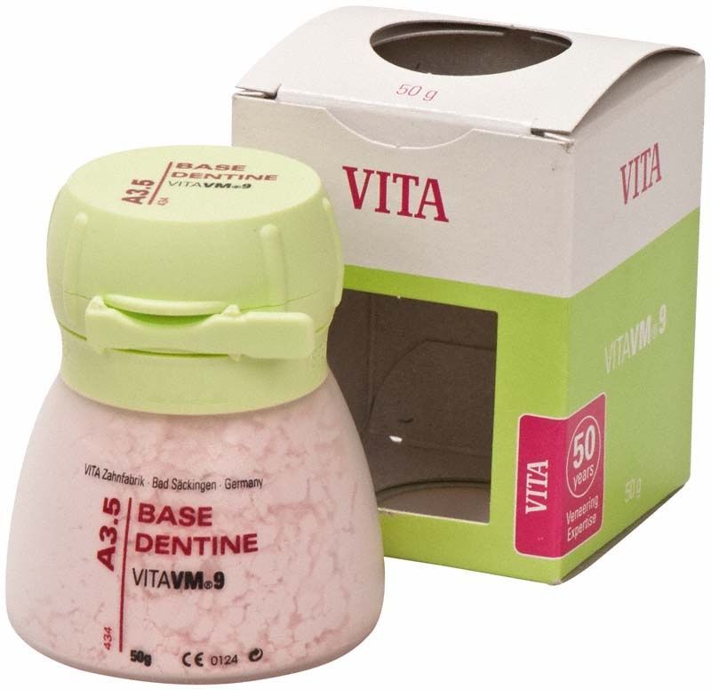 VITA VM9 Base Dentin A3,5 Keramikpulver neben Verpackung