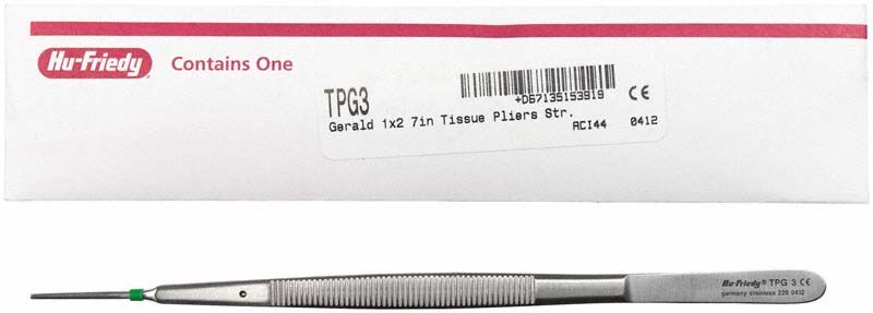 Chirurgische Pinzette Gerald gerade, 1x2, vor Verpackung.