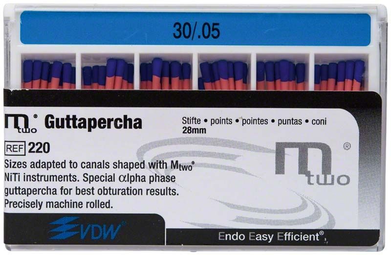 Mtwo Guttapercha Gr. 30/.05 blau in Verpackung mit Beschriftung.