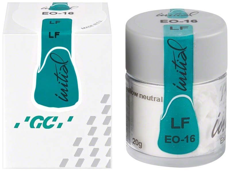 Opakglasur GC Initial LF Enamel Occlusal EO-16 im Glasbehälter.