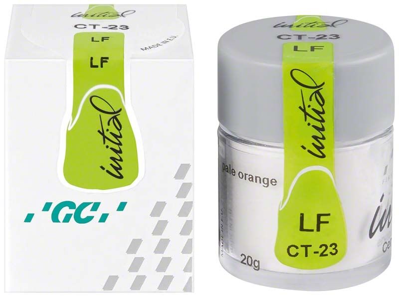 GC Initial LF Cervical Translucent CT-23 Pulver im Glasbehälter und Verpackung.
