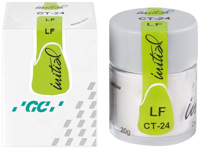 Produkterpackung von GC Initial LF Cervical Translucent CT-24 mit Glasbehälter und grünem Etikett.