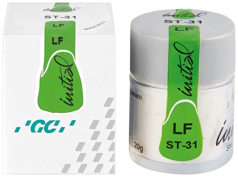 Transparente Zahnschmelzmasse GC Initial LF Shoulder ST-31 in Dose und Verpackung.