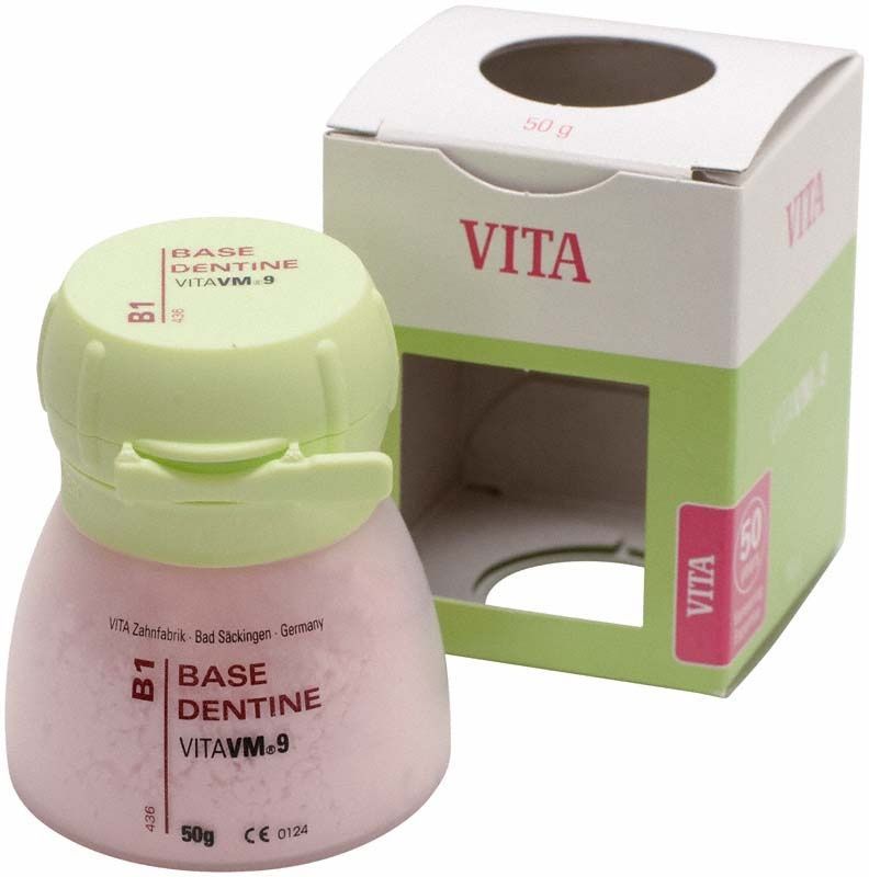 Basisdentin VM9 B1 50g im Kunststoffbehälter mit Verpackung.