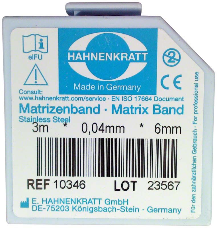 Matrizenband-Spenderbox mit Produktinformationen und Barcode.