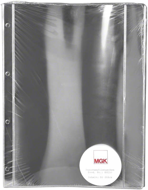 Klarsichtige Panorama-Filmtaschen mit seitlicher Lochung und MGK-Logo.