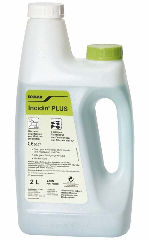 Flasche mit Incidin® Plus Desinfektionsmittel, 2 Liter, mit grünem Deckel.