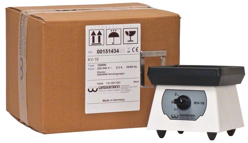 Vibrator KV-16 aus Edelstahl mit Kunststoffbeschichtung neben Verpackung.