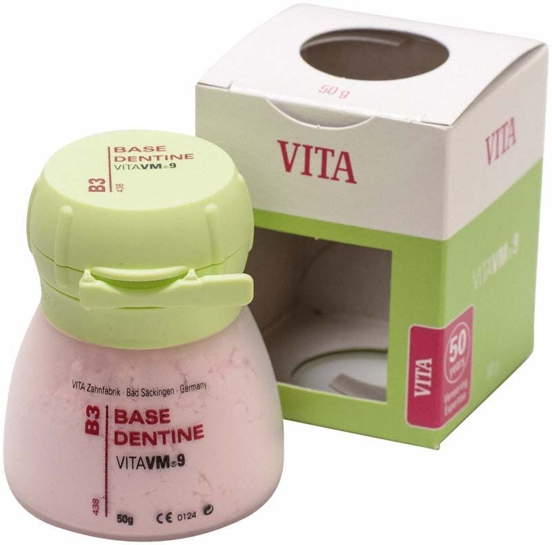 VM9 Base Dentin 50g B3 mit Verpackung im Hintergrund.