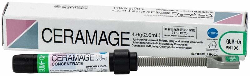 Ceramage Zahnfleischmasse GUM-Or Verpackung und Spritze mit Produktname.