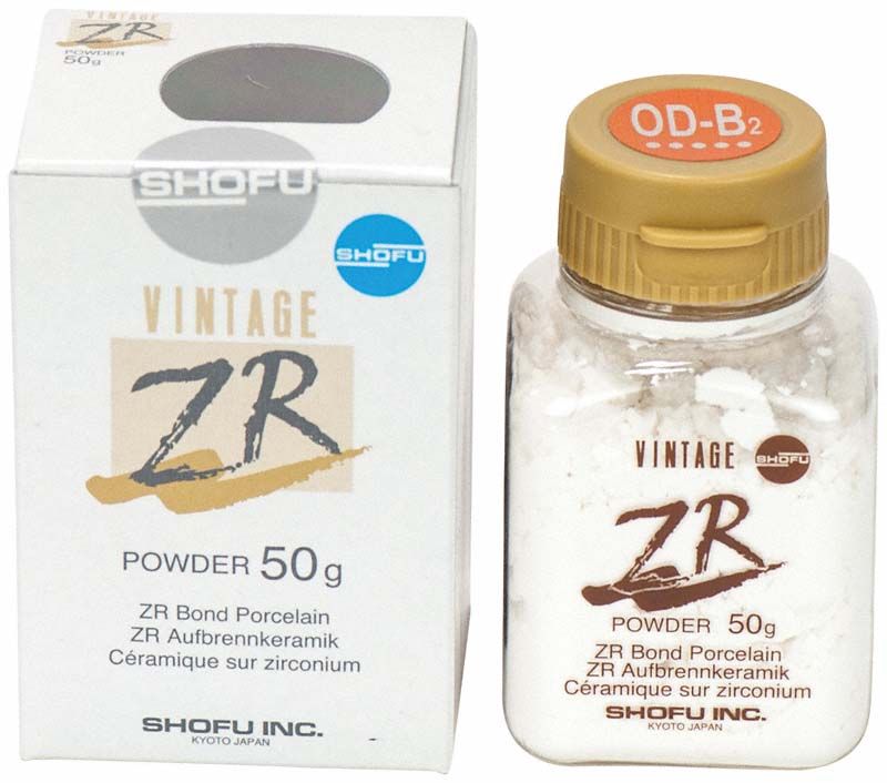Vintage ZR Opaque Dentin OD-B2 50g Pulver neben Originalverpackung.