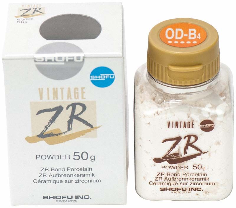 Vintage ZR Opaque Dentin OD-B4 50g Flasche neben Verpackung.