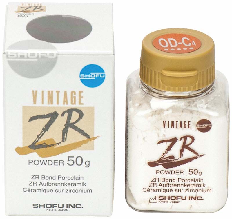 VINTAGE ZR Opaque Dentin OD-C4 Pulver 50g in Glasflasche mit Verpackung.