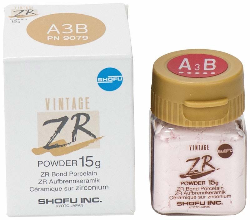Vintage ZR Dentin A3B 15g Pulver in Glasfläschchen neben Verpackung.