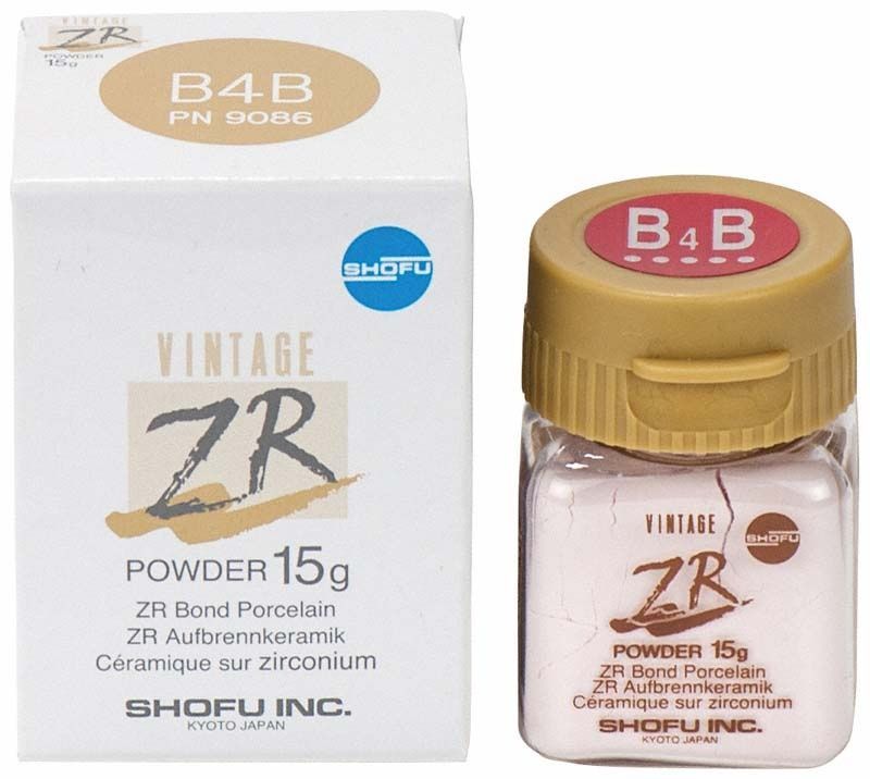 Vintage ZR Dentin B4B 15g Pulver neben Verpackung mit Beschriftung.