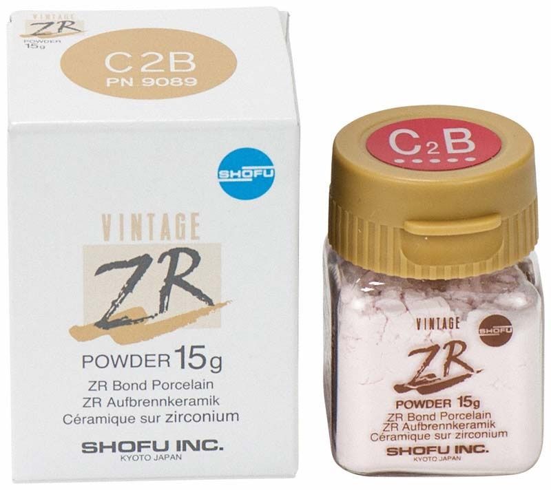 Verpackung von VINTAGE ZR Dentin C2B Pulver 15g mit Markenlogo.