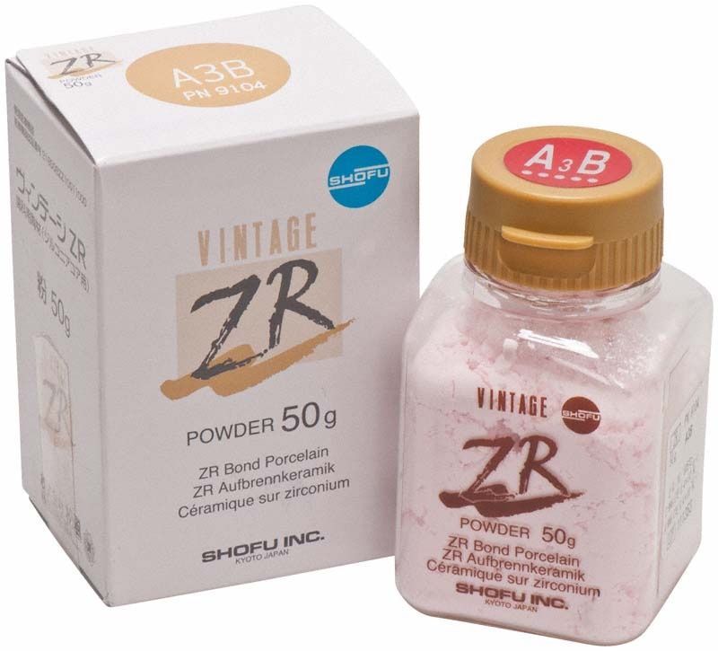 VINTAGE ZR Dentin A3B Pulver 50g in Kunststoffbehälter mit rotem Deckel.