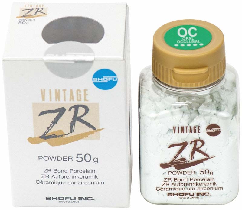 VINTAGE ZR Opal Effekt Pulver 50g neben Verpackung, Shofu Inc.