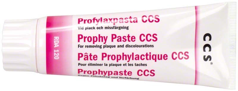 Prophy Paste CCS Tube RDA 120 für Zahnreinigung, rosafarbene Verpackung.