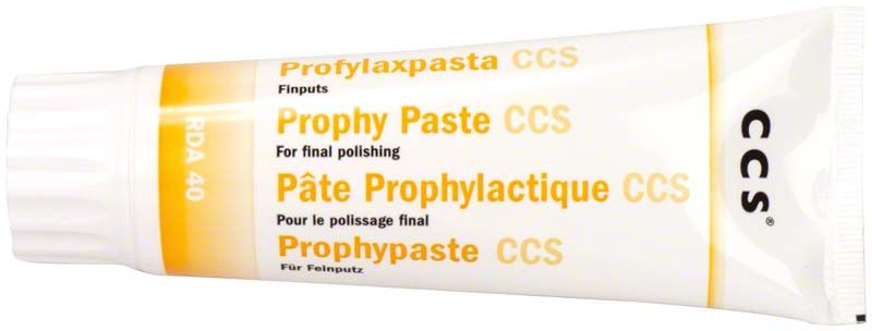 Prophy Paste CCS Tube RDA 40 gelb mit mehrsprachigem Aufdruck.