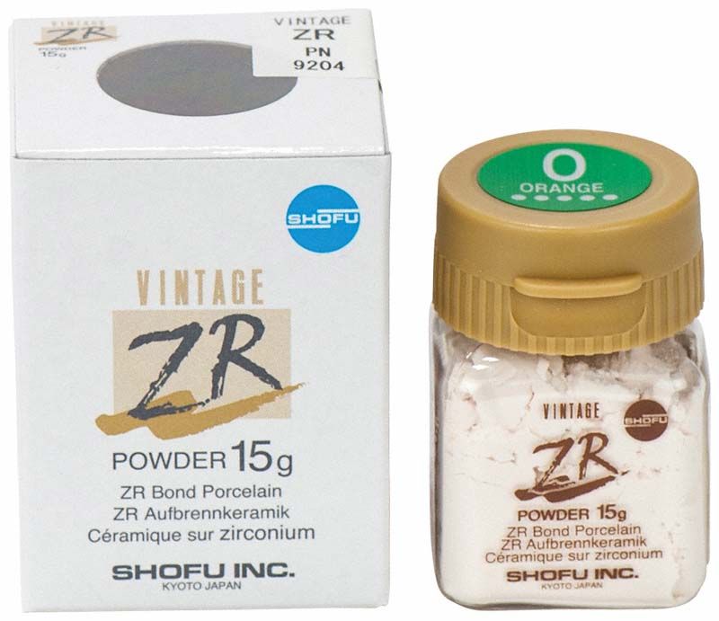 Verpackung von Vintage ZR Effekt Color O Zahnpulver, 15g, mit orangefarbenem Etikett.