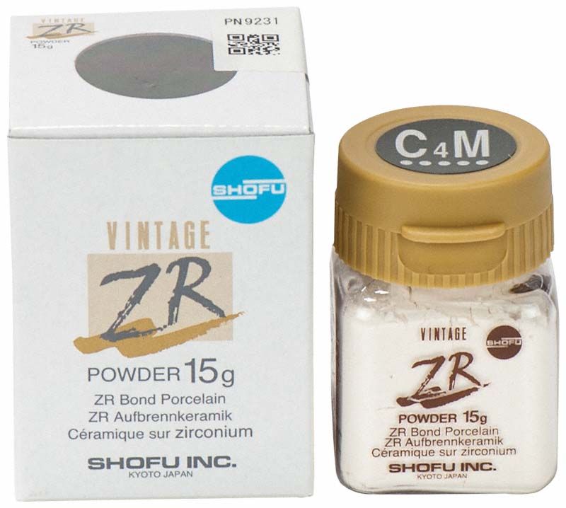 Verpackung und Glasflasche mit Vintage ZR Margin C4M Zirkonkeramik-Pulver.