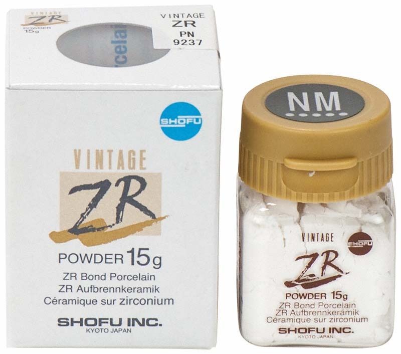 Flasche mit VINTAGE ZR Bond Porzellanpulver, 15g, mit Verpackung.