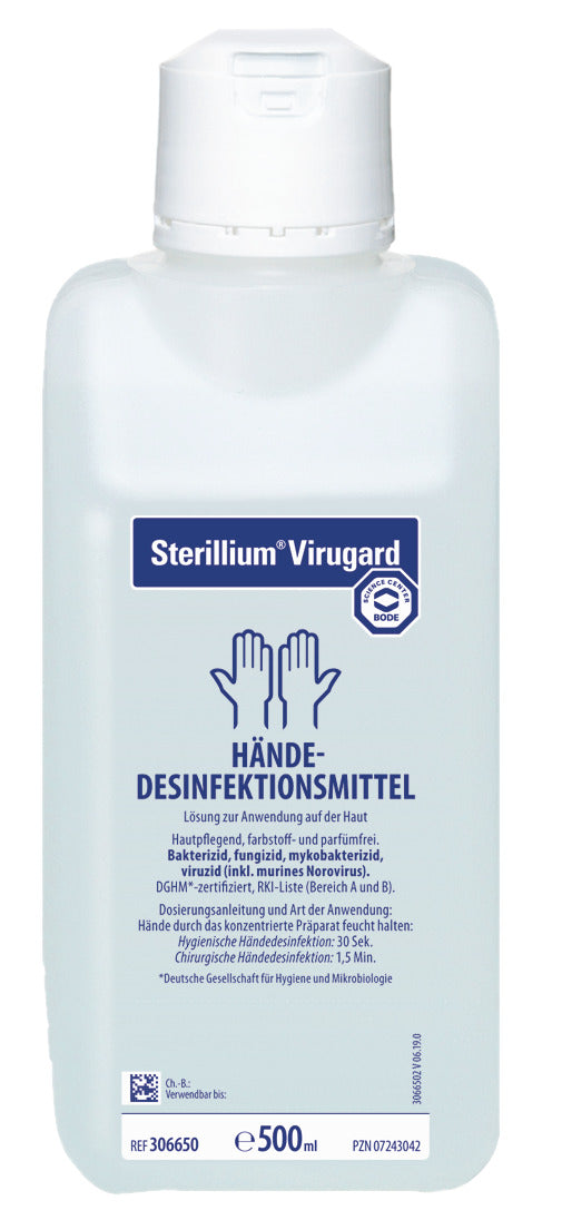 Sterillium Virugard Händedesinfektionsmittel 500 ml Flasche mit blauer Etikettaufschrift.