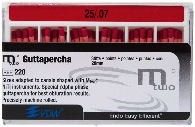 Mtwo Guttapercha Gr. 25/.07 rot in Kunststoffbox mit Aufschrift.