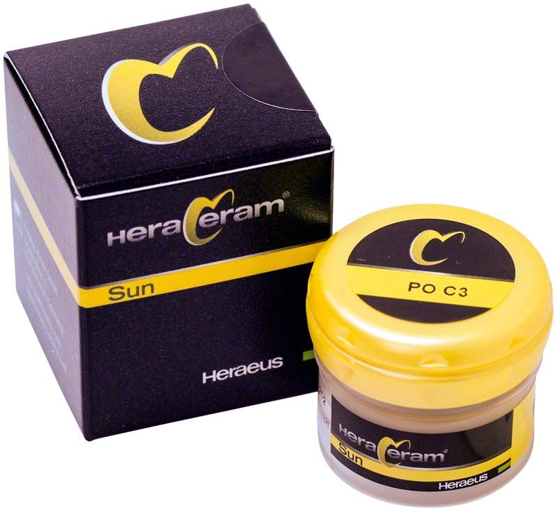 HeraCeram® Sun Pastenopaker PO C3 mit Verpackung und gelbem Deckel.