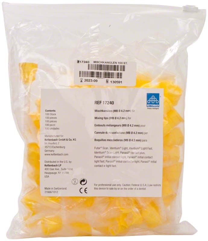 Mischkanülen 4,2mm gelb in transparenter Verpackung mit Produktetikett.