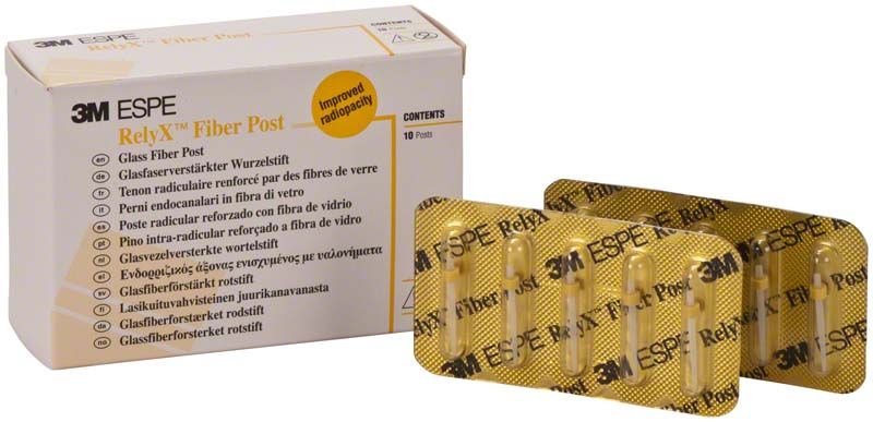 RelyX™ Fiber Post Stifte Gr. 1 in Blisterverpackung vor Produktkarton.